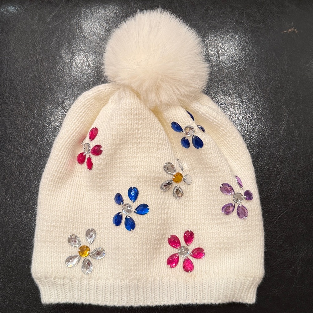 INMOCEAN Accessories Girls white beanie pom rhinestone flower hat Age 4-8